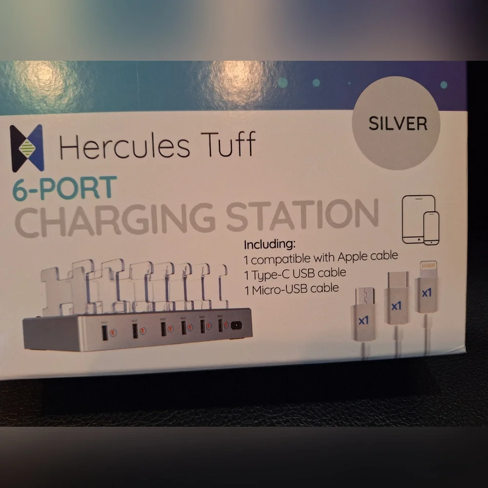 Hercules Tuff 6 Port Charging Station Apple Cable, Type C USB & Micro USB NEW